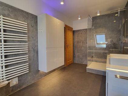 Man sieht den Ausschnitt eines modernen Badezimmers. Links erkennt man einen weißen Handtuchhalter / Heizkörper. Rechts daneben steht ein weißer Badezimmerschrank. Rechts davon ist die Tür. Rechts in der Ecke erkennt man eine moderne Dusche, wobei die Wände vollständig aus Glas sind. Rechts hiervon kann man einen Waschtisch erahnen.